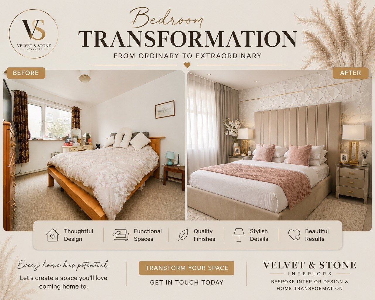 Bedroom transformation before and after — from a dated room to a luxury panelled-headboard sanctuary by Velvet & Stone Interiors