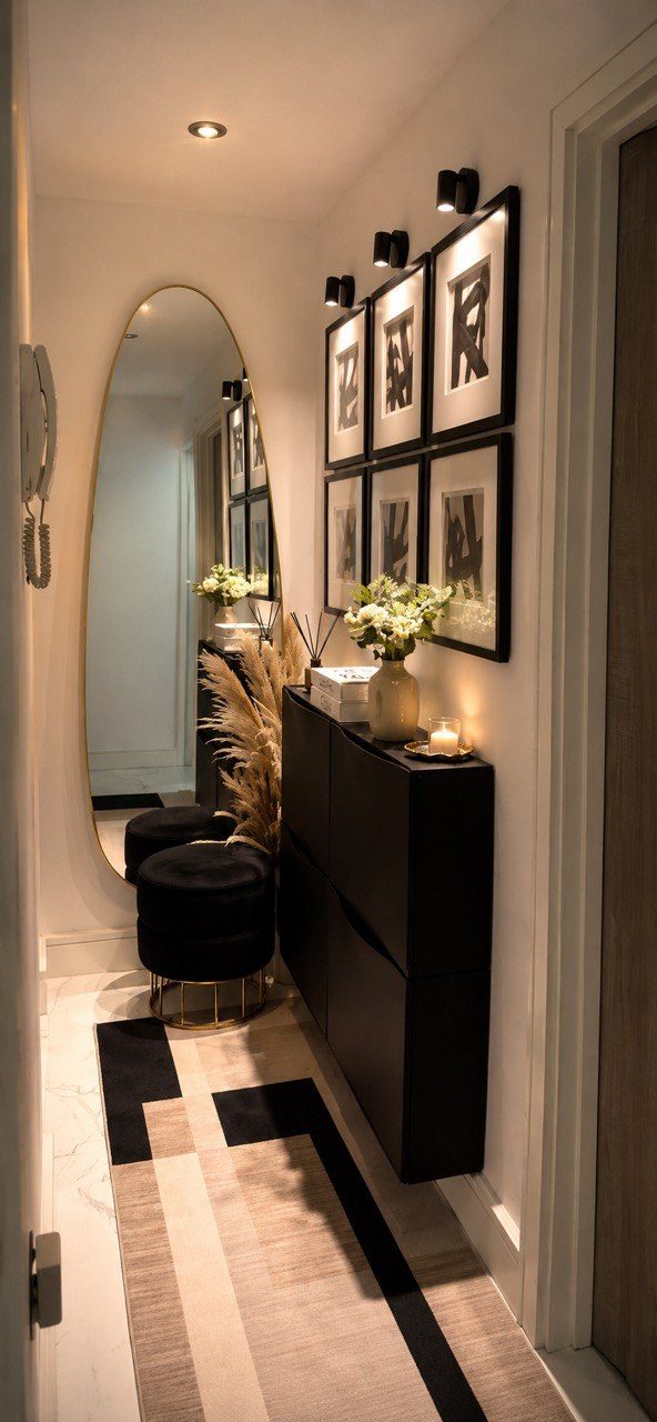 Premium hallway with oval mirror, black-framed gallery wall, floating console and pampas styling