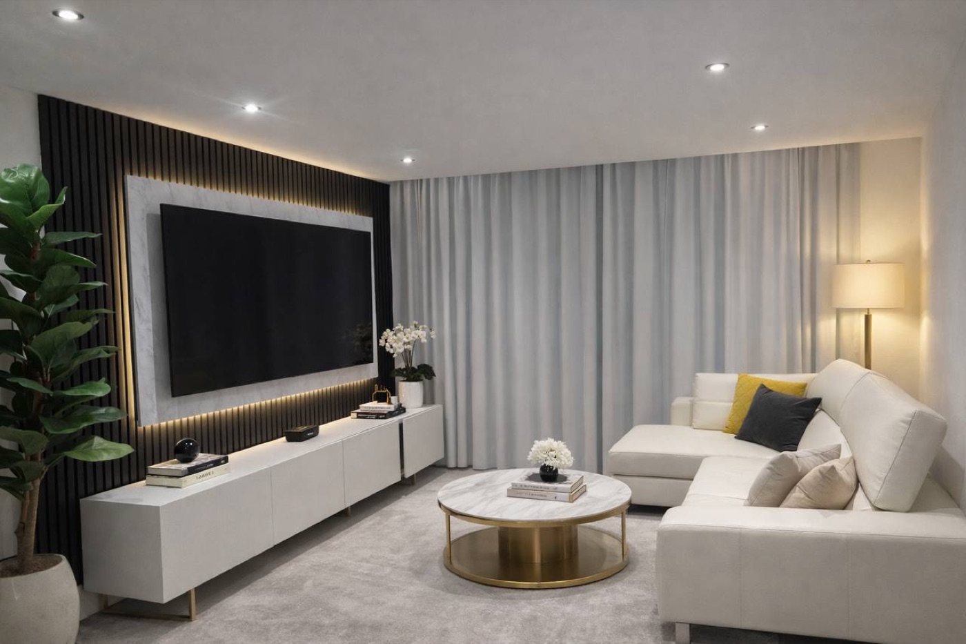 Living room with slatted feature media wall, marble TV surround and feature lighting — Weston-super-Mare